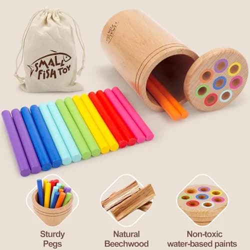 SMALL FISH Montessori Toys for Active Kids Wooden Fine Motor Learning Preschool Toys | Bright Color Sorting & Stacking thumbnail 2