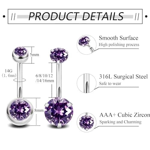 NICEIGHT 2PCS 14G Surgical Steel Belly Button Rings | CZ Navel Piercing Jewelry for Women (10mm) | Hypoallergenic & Trendy thumbnail 3