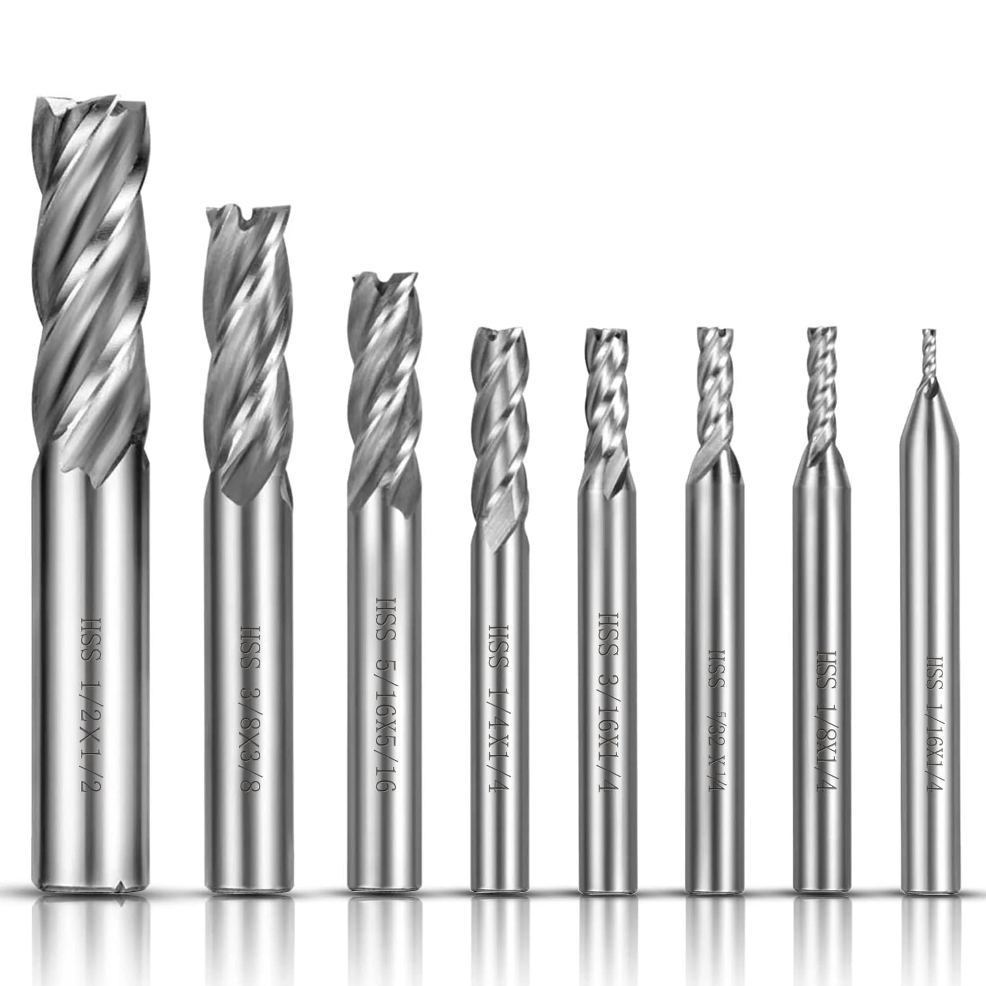 ASNOMY 8Pcs 4-Flute Straight End Mill Set 1/16"-1/2" | High-Speed Steel CNC Cutter for Metal & Wood