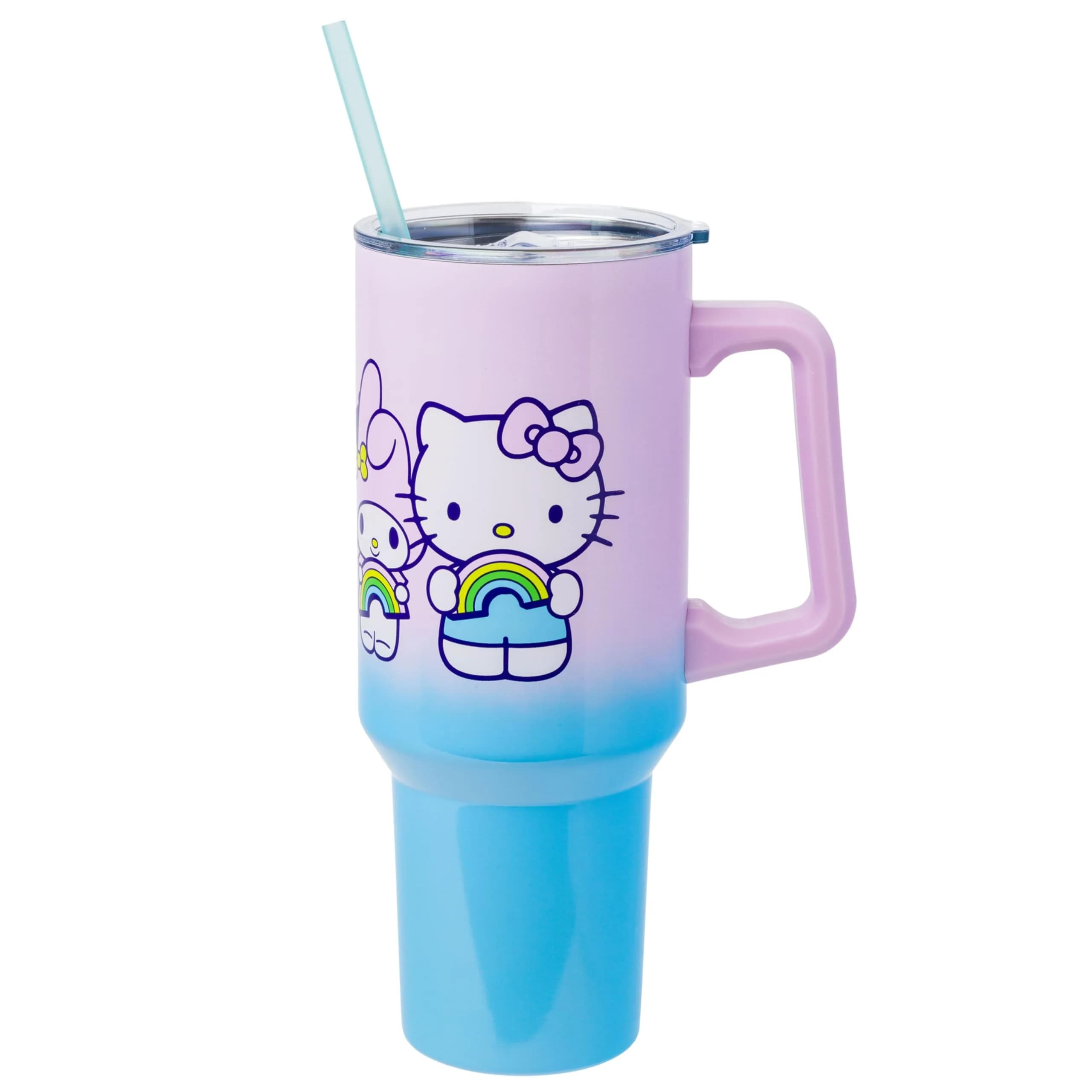 Silver Buffalo Hello Kitty Stainless Steel Tumbler 40oz | Cute Collage Design, Keeps Drinks Hot 4h Cold 6h — Hello Kitty and Friends Holding Rainbow