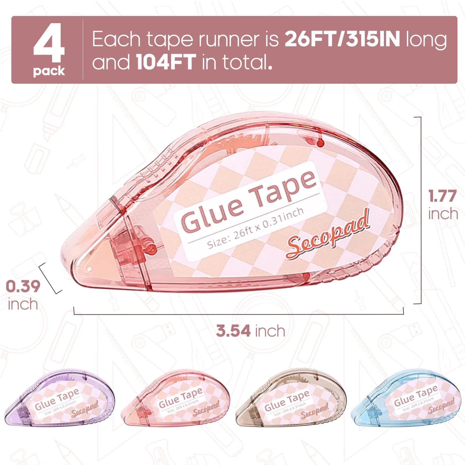 Secopad Glue Tape for Crafts, 4 Pack, 0.3in x 26ft Each | Mess-Free Adhesive for Scrapbooking - view 5
