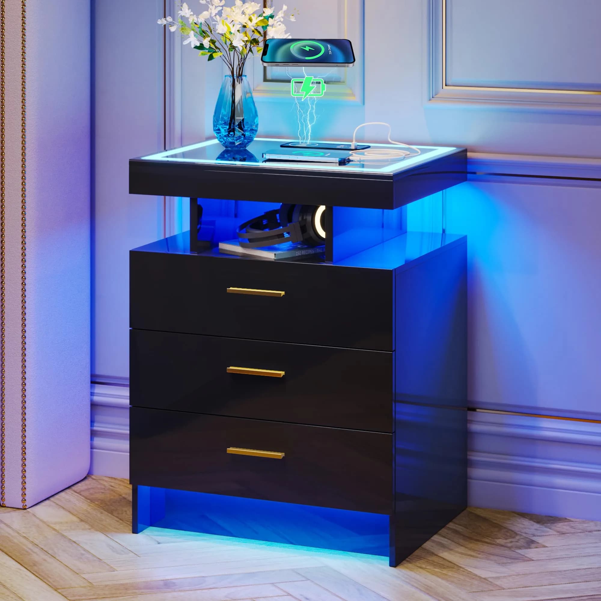 Lvifur LED Nightstand with Wireless Charging & Auto Sensor, Black | Modern Bedroom Furniture