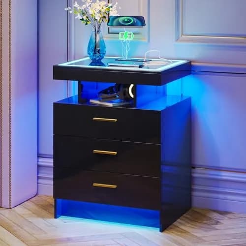 Lvifur LED Nightstand with Wireless Charging & Auto Sensor, Black | Modern Bedroom Furniture thumbnail 1
