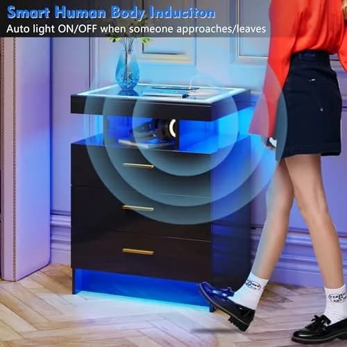 Lvifur LED Nightstand with Wireless Charging & Auto Sensor, Black | Modern Bedroom Furniture thumbnail 4