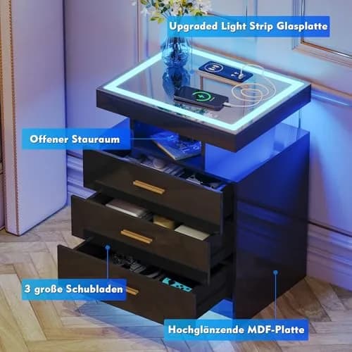 Lvifur LED Nightstand with Wireless Charging & Auto Sensor, Black | Modern Bedroom Furniture thumbnail 5