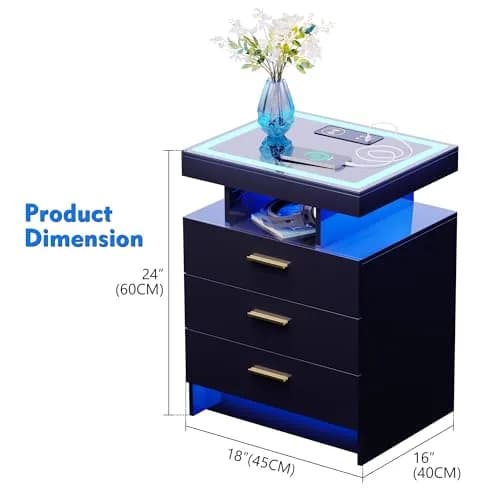 Lvifur LED Nightstand with Wireless Charging & Auto Sensor, Black | Modern Bedroom Furniture thumbnail 6
