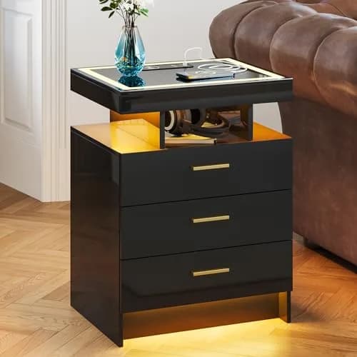 Lvifur LED Nightstand with Wireless Charging & Auto Sensor, Black | Modern Bedroom Furniture thumbnail 7