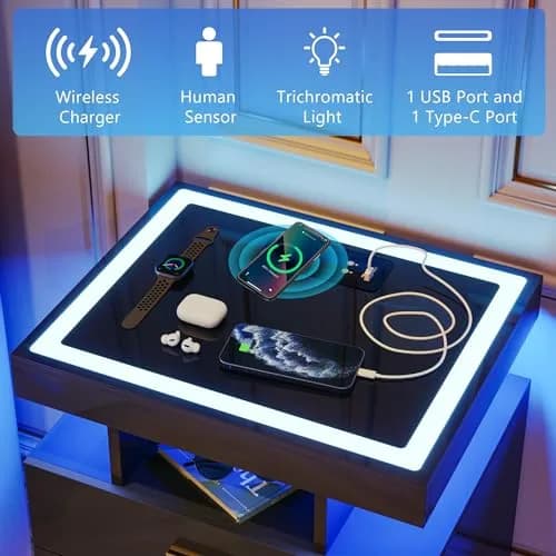 Lvifur LED Nightstand with Wireless Charging & Auto Sensor, Black | Modern Bedroom Furniture thumbnail 2