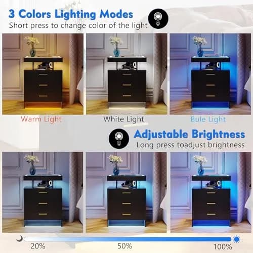 Lvifur LED Nightstand with Wireless Charging & Auto Sensor, Black | Modern Bedroom Furniture thumbnail 3