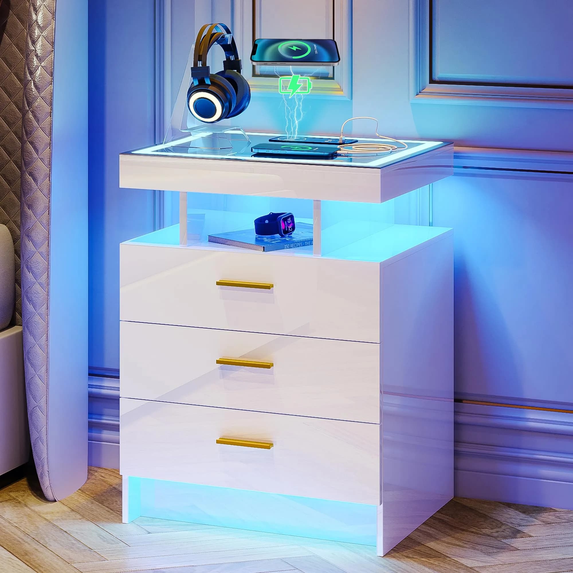 Lvifur LED Nightstand with Wireless Charging Station & Auto Sensor, White | Modern Bedroom Furniture