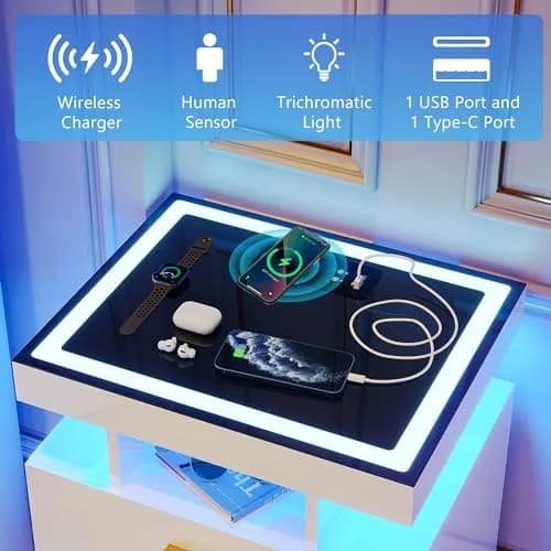 Lvifur LED Nightstand with Wireless Charging Station & Auto Sensor, White | Modern Bedroom Furniture thumbnail 2