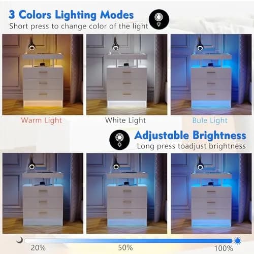 Lvifur LED Nightstand with Wireless Charging Station & Auto Sensor, White | Modern Bedroom Furniture thumbnail 3