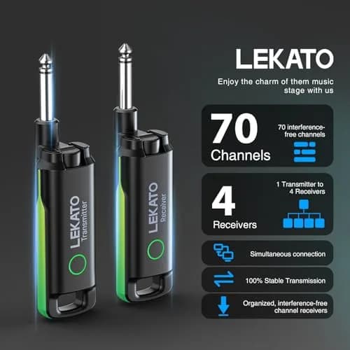 LEKATO UHF Wireless Guitar System with 70 Channels & Rechargeable Battery, Green | Low Latency <3ms thumbnail 3
