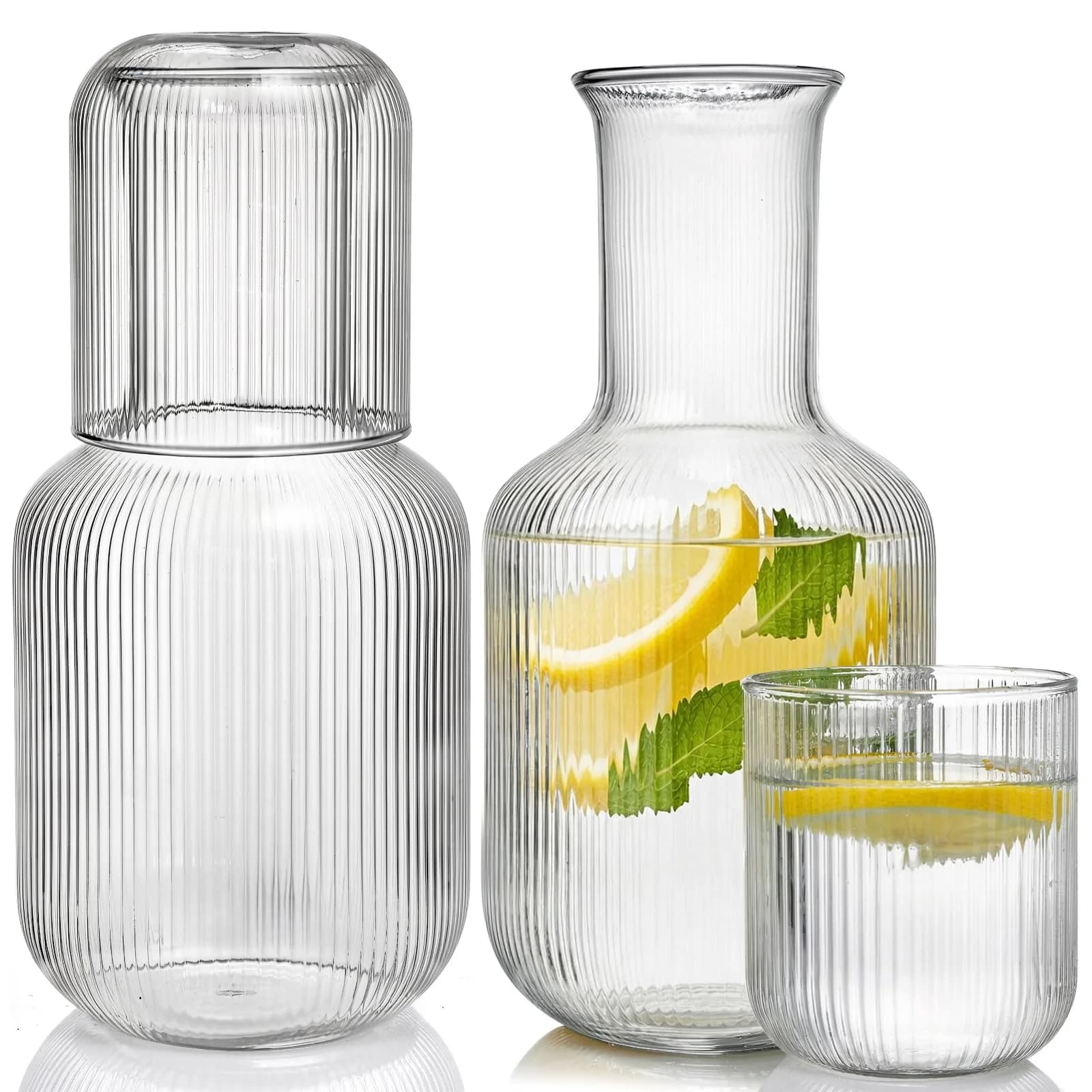 Bekith 2 Set 25 OZ (740 ml) Bedside Night Water Carafe with Tumbler Glass | Vertical Stripes Clear Glass Carafe for Bedroom Guest Room Nightstand, Mouthwash Decanter for Bathroom, Water Pitcher Set (4-Piece) — Clear