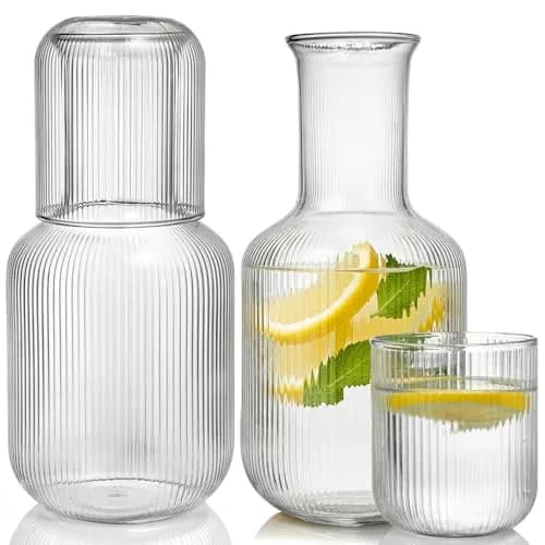Bekith 2 Set 25 OZ (740 ml) Bedside Night Water Carafe with Tumbler Glass | Vertical Stripes Clear Glass Carafe for Bedroom Guest Room Nightstand, Mouthwash Decanter for Bathroom, Water Pitcher Set (4-Piece) thumbnail 1
