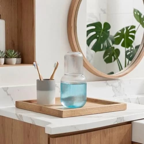 Bekith 2 Set 25 OZ (740 ml) Bedside Night Water Carafe with Tumbler Glass | Vertical Stripes Clear Glass Carafe for Bedroom Guest Room Nightstand, Mouthwash Decanter for Bathroom, Water Pitcher Set (4-Piece) thumbnail 7