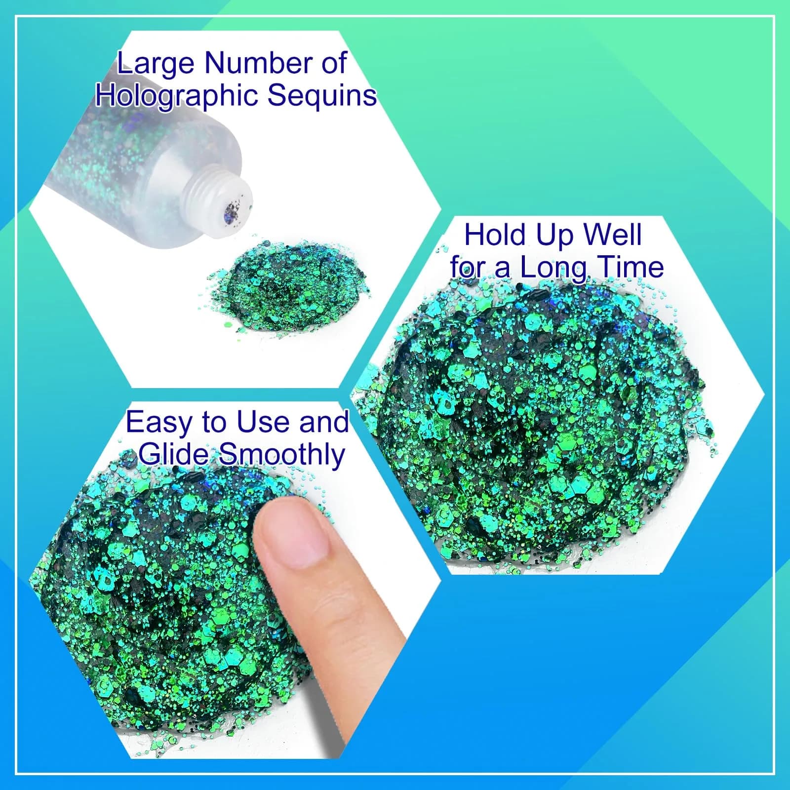 MEICOLY Chameleon Green Chunky Glitter Gel 50ml | Self-Adhesive Face, Body & Hair Sparkle thumbnail 3