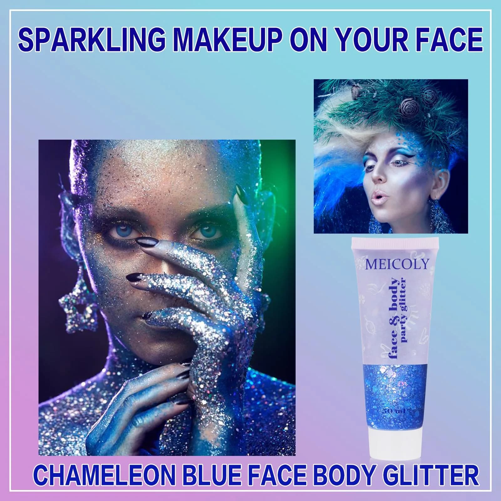 MEICOLY Chameleon Blue Glitter Gel | Holographic Chunky Face Glitter for 4th of July Outfits - view 2