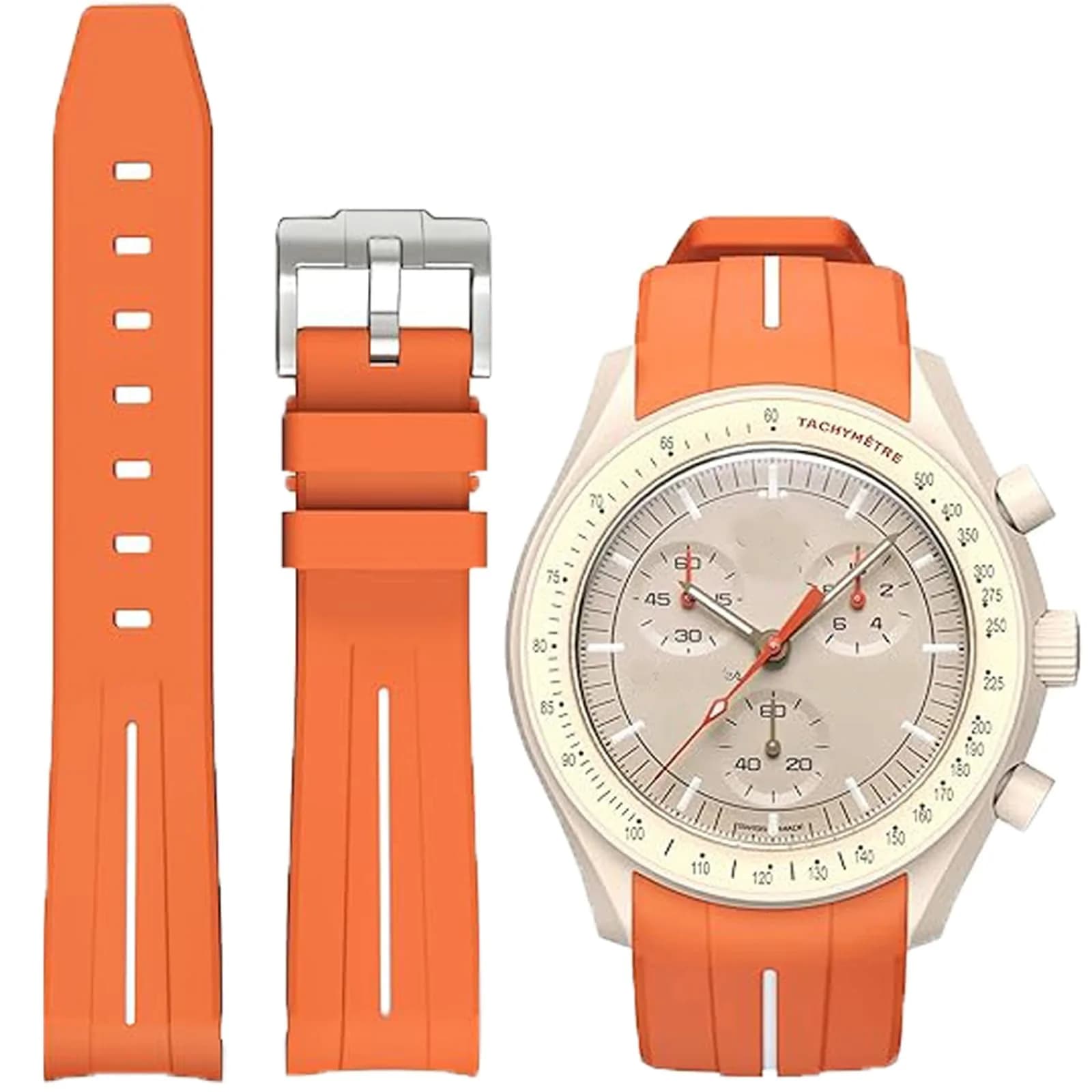 Niziruoup Rubber Strap for Moonswatch Watch, 20mm Curved No Gap Silicone Rubber Band for Men Women — Orange white line