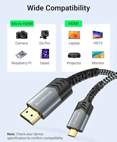 BlueRigger 4.57m (15FT) Micro HDMI to HDMI Cable | 4K@60Hz HDR, 18Gbps Braided Cord thumbnail 5