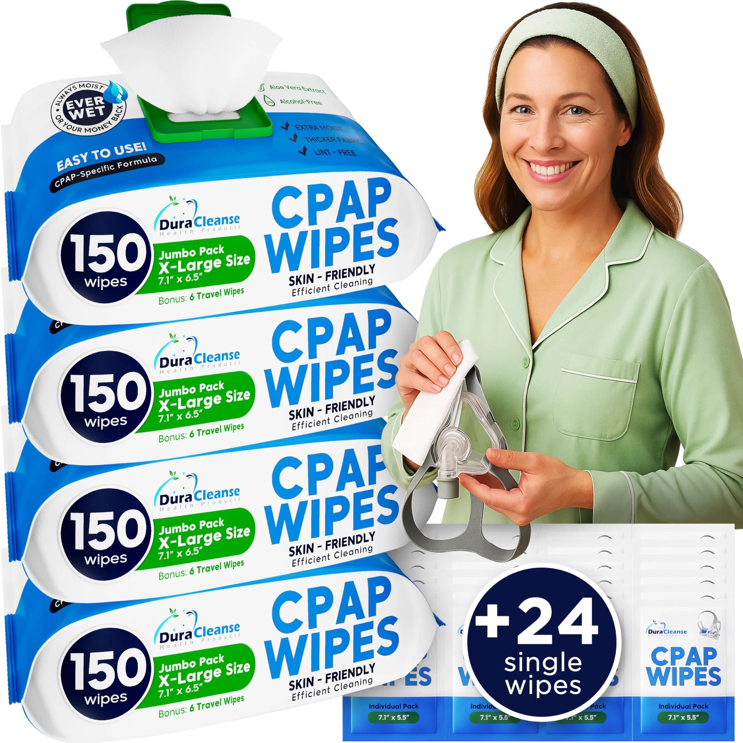 Dura Cleanse Bulk CPAP Cleaning Wipes XL Moist for Masks & Hoses 624 Count (Pack of 4) | Quick Daily Clean No Soaking — White