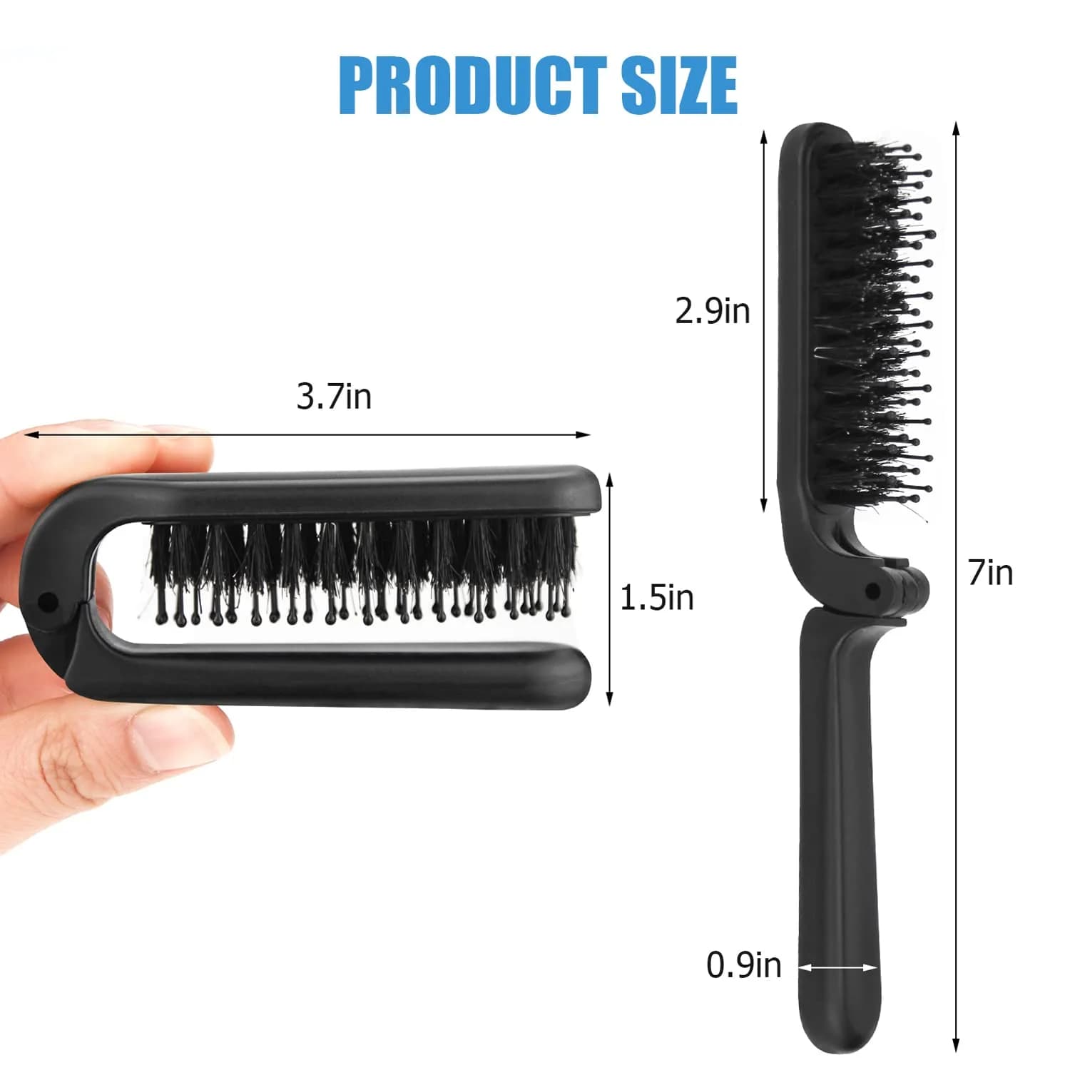 Ancable 2Pcs Folding Hair Brush with Boar Bristle & Nylon Needles, Black | Detangles & Smooths Hair - view 6