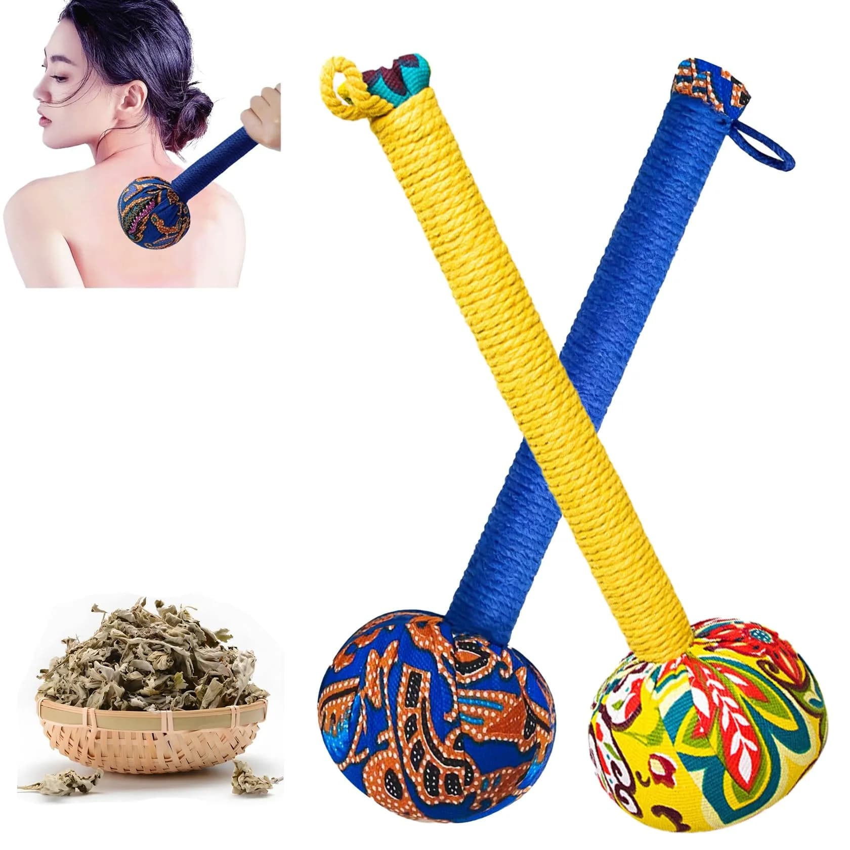 APSWUDR Manual Body Massage Hammer 25.9 cm (10.24 inches) | Traditional Mugwort Formula for Muscle Relief — Blue and Yellow…