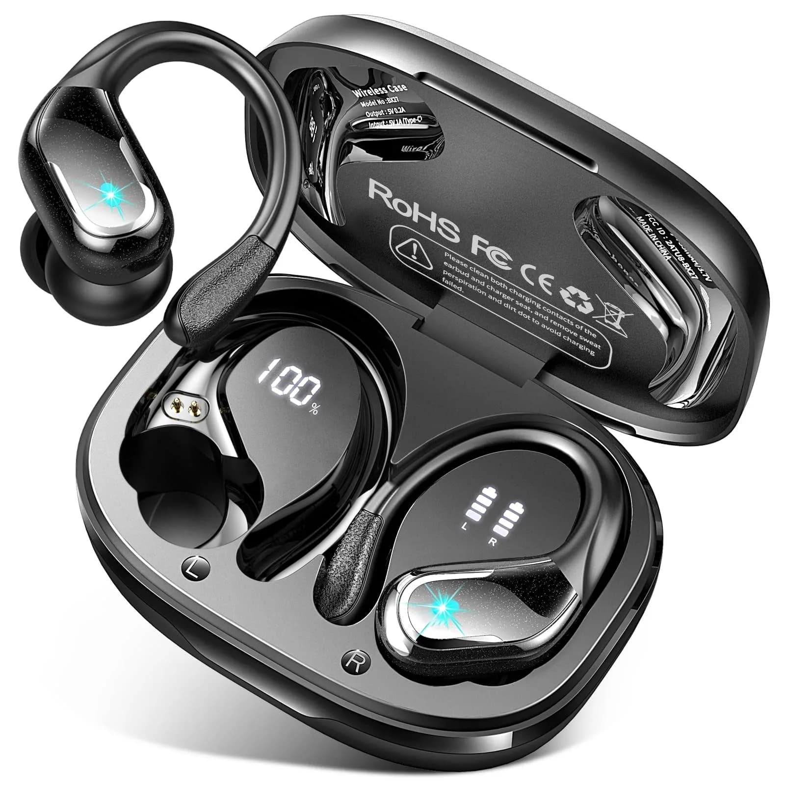 Ltinist Wireless Earbuds with Earhooks, 75Hrs Playtime, IP7 Waterproof, ENC Noise Cancelling, Bluetooth 5.4, Deep Bass (Black) — Black