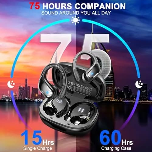 Ltinist Wireless Earbuds with Earhooks, 75Hrs Playtime, IP7 Waterproof, ENC Noise Cancelling, Bluetooth 5.4, Deep Bass (Black) thumbnail 2
