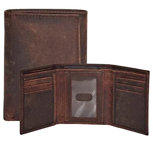 Oak Leathers Vintage Brown Trifold Wallet RFID Blocking Slim with ID Window - main product image