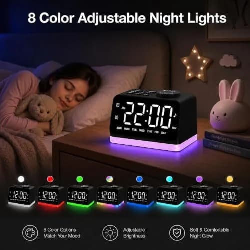 JALL Digital Alarm Clock with FM Radio, 8 Colors Night Light, Dual Alarm, Loud Alarm, Seniors Gift | Easy to Use, Compact thumbnail 7