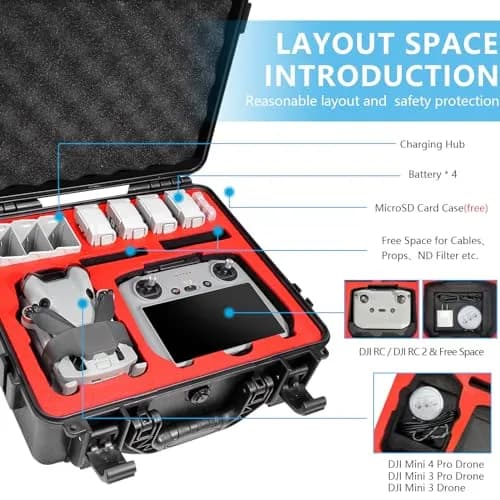FPVtosky Hard Case for DJI Mini 4 Pro/Mini 3 Pro & RC 2 Controller, Waterproof Travel Case 34cm (13.19in) | Protects Drone & Accessories thumbnail 2