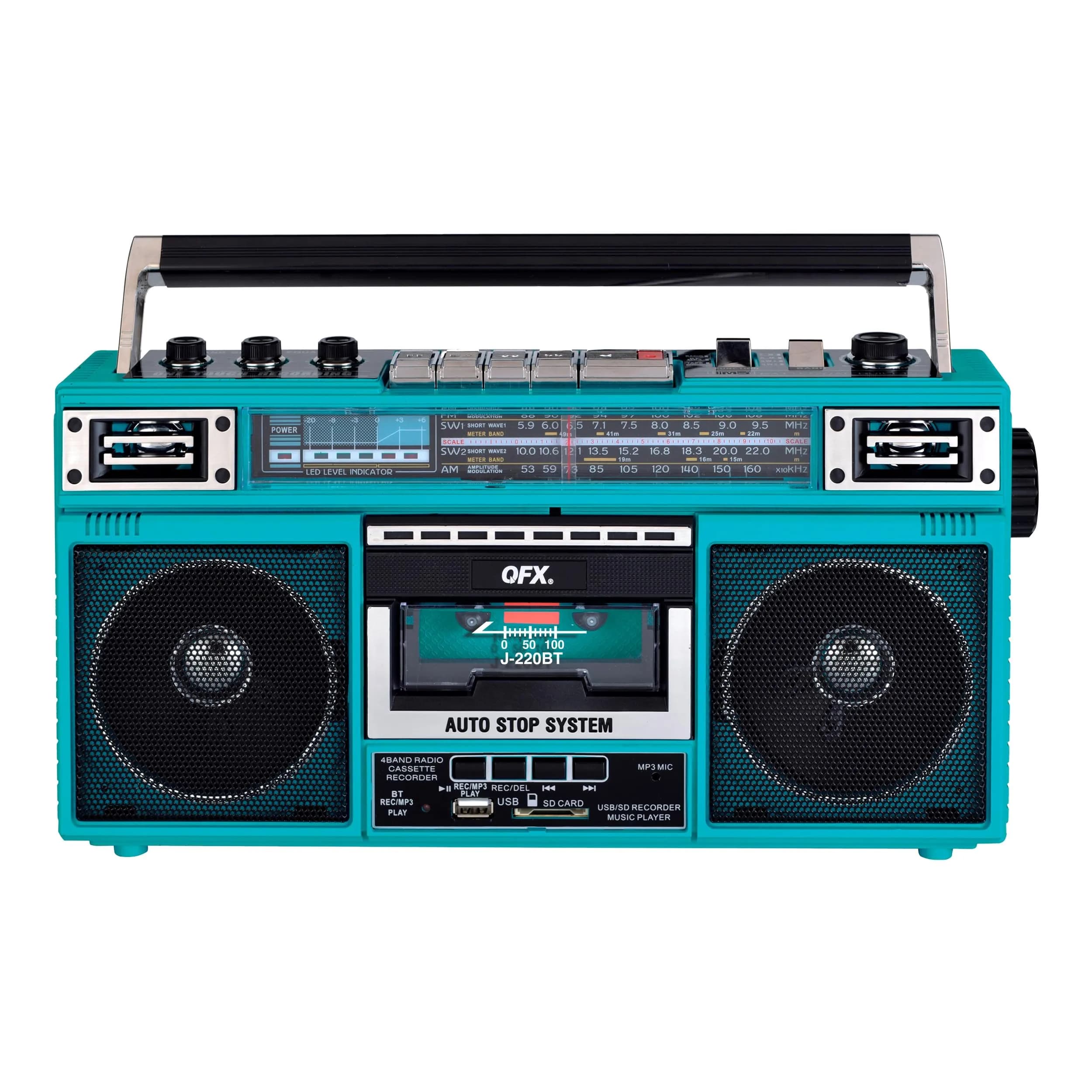QFX Retro Bluetooth Boombox Cassette Tape Player Recorder J-220BT Aqua | Portable AM/FM/SW Radio & USB MP3 Player