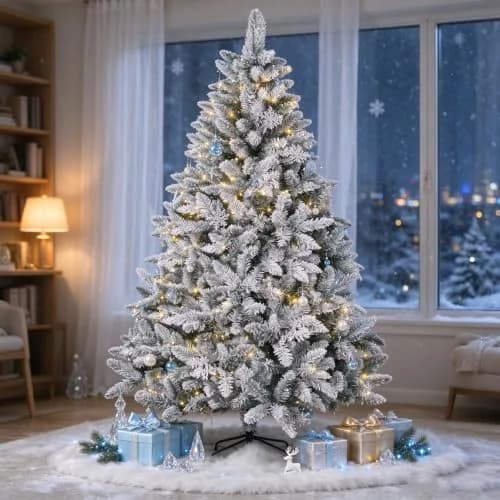 SUNCROWN 6ft Artificial Flocked Christmas Tree | Premium Frosted Snow, Indoor/Outdoor, Foldable Metal Stand, 1000 Tips thumbnail 3