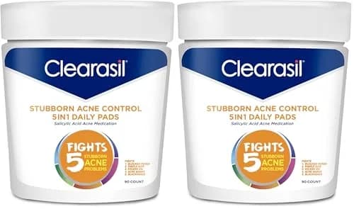 Clearasil Stubborn Acne Control 5in1 Daily Facial Cleansing Pads with Salicylic Acid 180 Count (Pack of 2) | Fights Pimple Size, Oil, and Marks thumbnail 1
