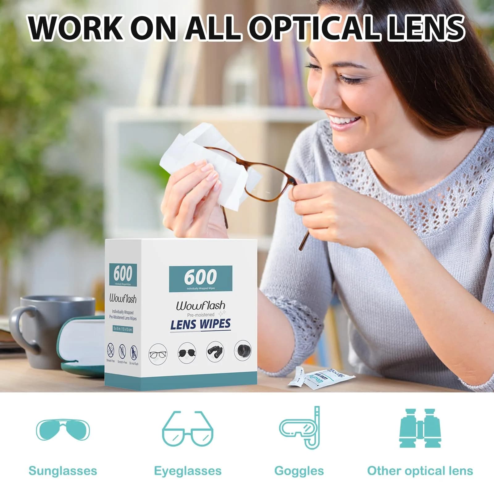 Wowflash Pre-Moistened Lens Wipes 600 Count | Streak-Free Cleaning for Eyeglasses, Sunglasses, Camera Lenses - view 2