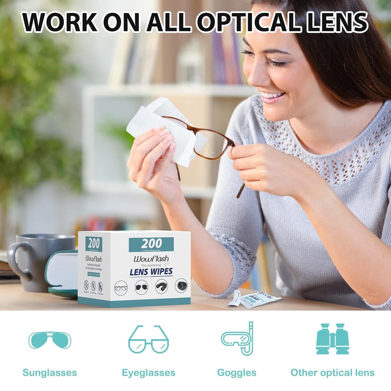 Wowflash 200 Count Pre-Moistened Lens Wipes | Streak-Free Cleaning for Eyeglasses, Sunglasses, Camera Lenses - view 2