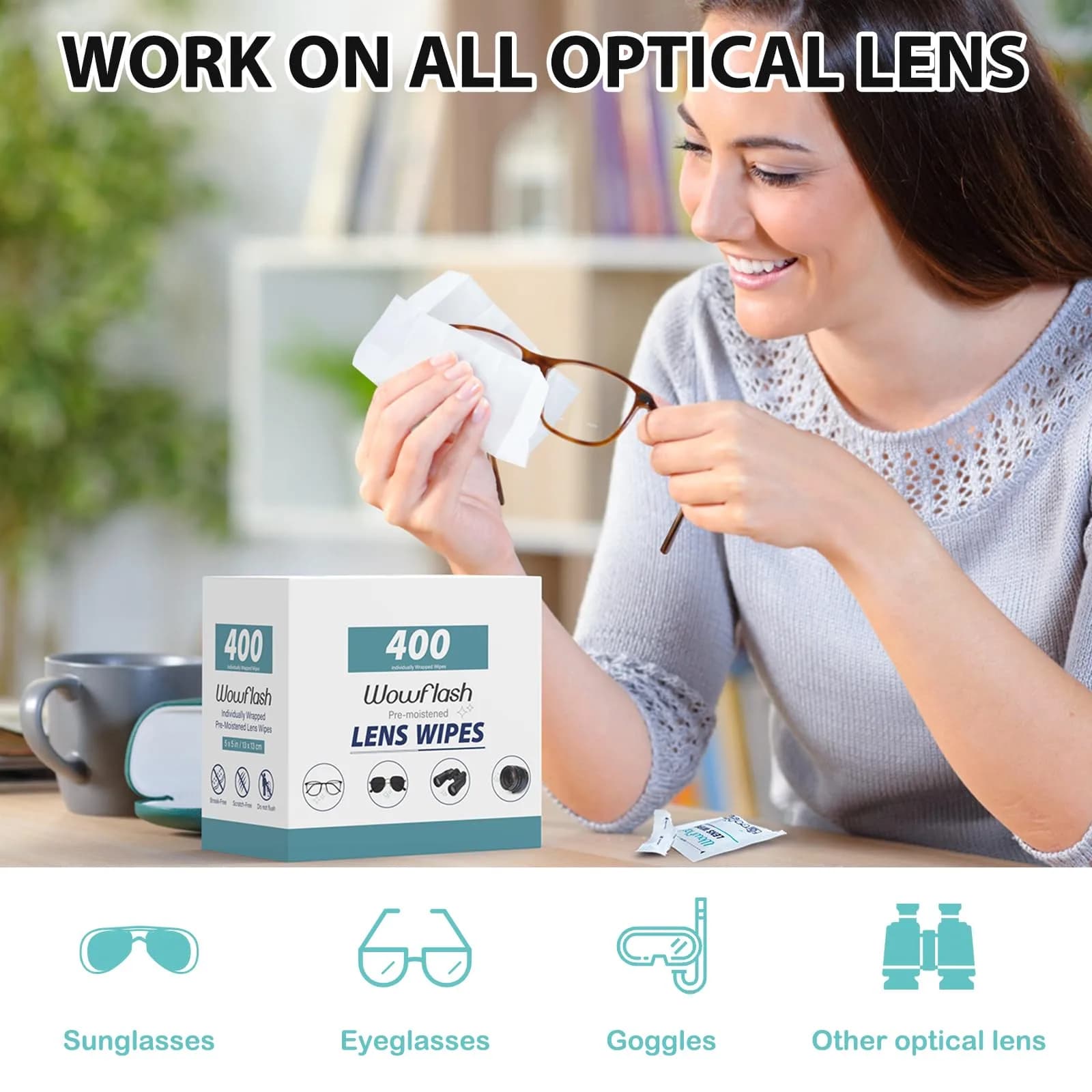 Wowflash Pre-Moistened Lens Wipes for Eyeglasses, 400 Count | Ammonia-Free, Streak-Free Cleaning - view 2