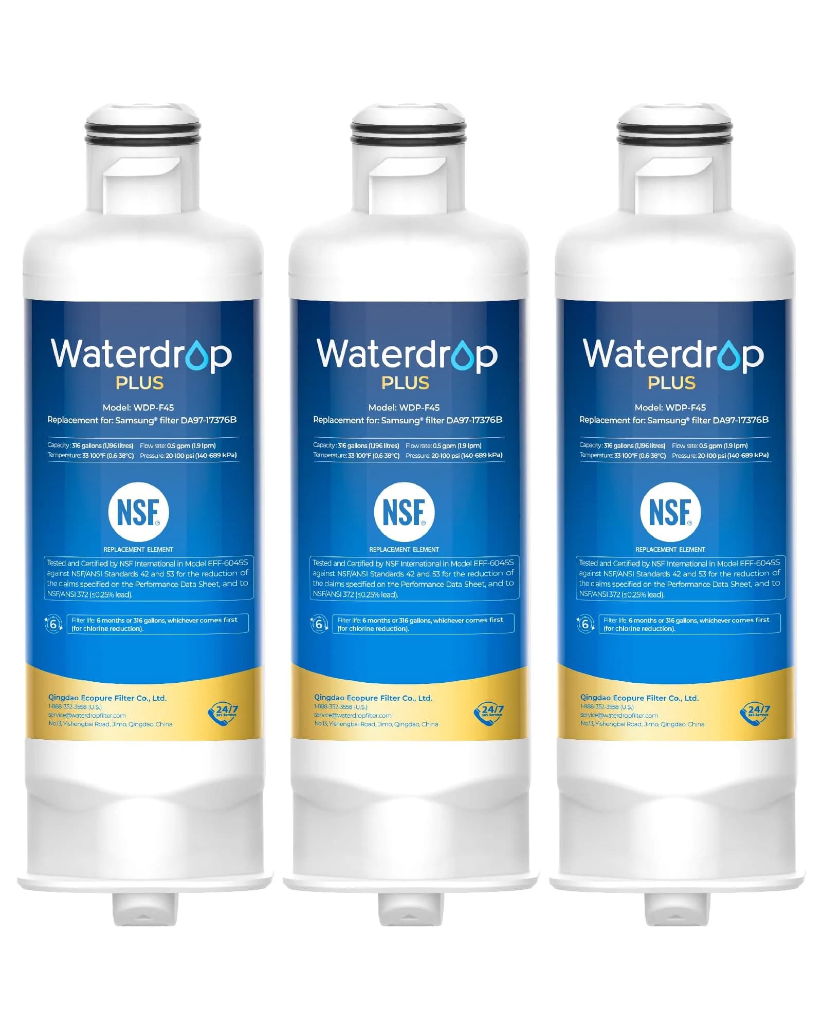 Waterdrop Plus WDP-F45 Water Filter 3 Pack | NSF/ANSI 401&53&372 Certified — Advanced Contaminant (Plus)