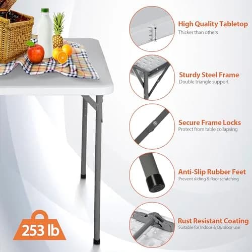 ZENY 34inch Fold in Half Square Table | Portable Plastic Dining Card Table for Indoor & Outdoor Use thumbnail 5