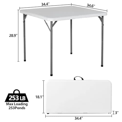 ZENY 34inch Fold in Half Square Table | Portable Plastic Dining Card Table for Indoor & Outdoor Use thumbnail 6