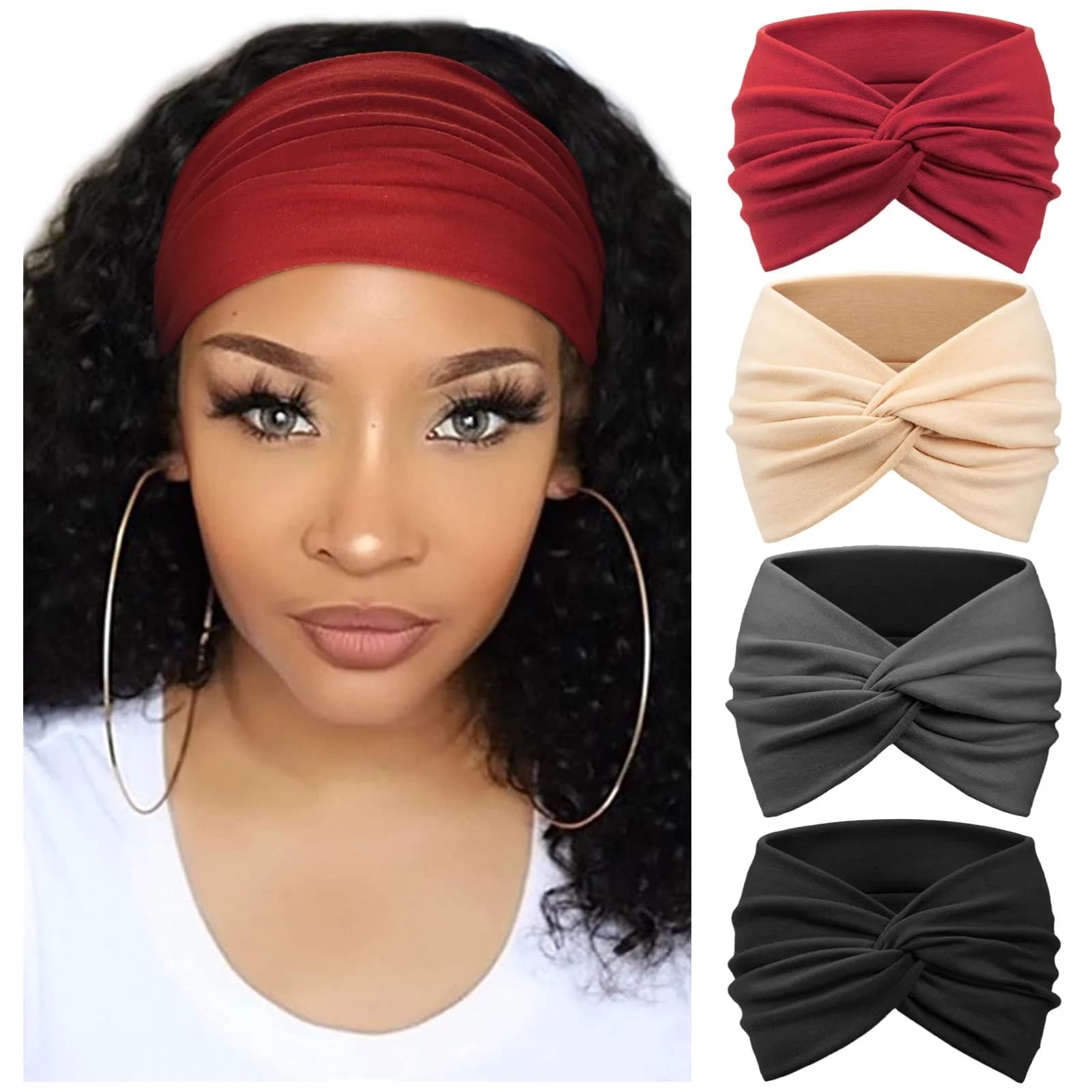 AQOKKA Extra Wide Turban Headbands for Women (4 Count, Red/Beige/Grey/Black) | Boho Elastic Hair Bands for Large Heads - main product image