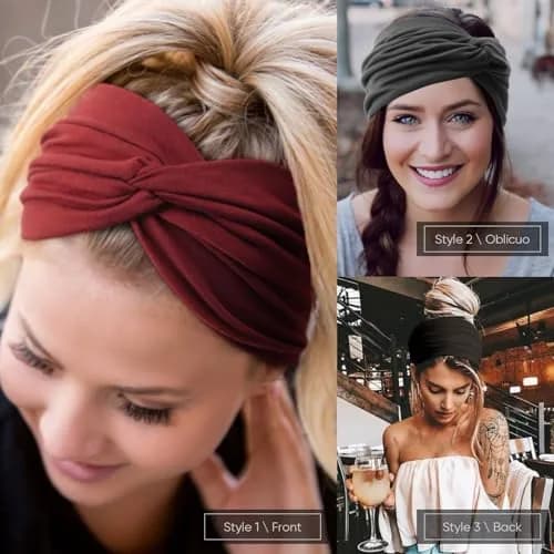 AQOKKA Extra Wide Turban Headbands for Women (4 Count, Red/Beige/Grey/Black) | Boho Elastic Hair Bands for Large Heads thumbnail 4