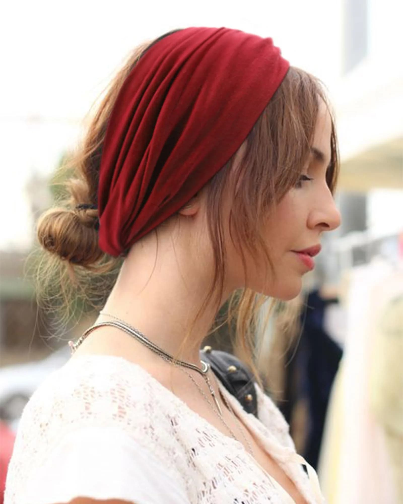 AQOKKA Extra Wide Turban Headbands for Women (4 Count, Red/Beige/Grey/Black) | Boho Elastic Hair Bands for Large Heads - view 5