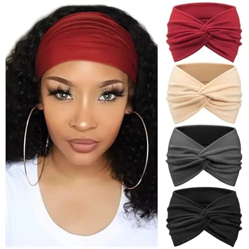 AQOKKA Extra Wide Turban Headbands for Women (4 Count, Red/Beige/Grey/Black) | Boho Elastic Hair Bands for Large Heads thumbnail 1
