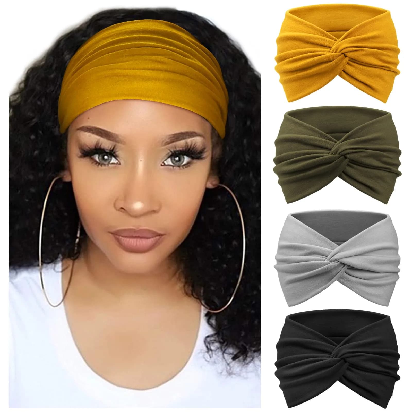 AQOKKA Extra Wide Turban Headbands for Women (4 Count, Yellow/Olive/Grey/Black) | Boho Elastic Hairband Accessories