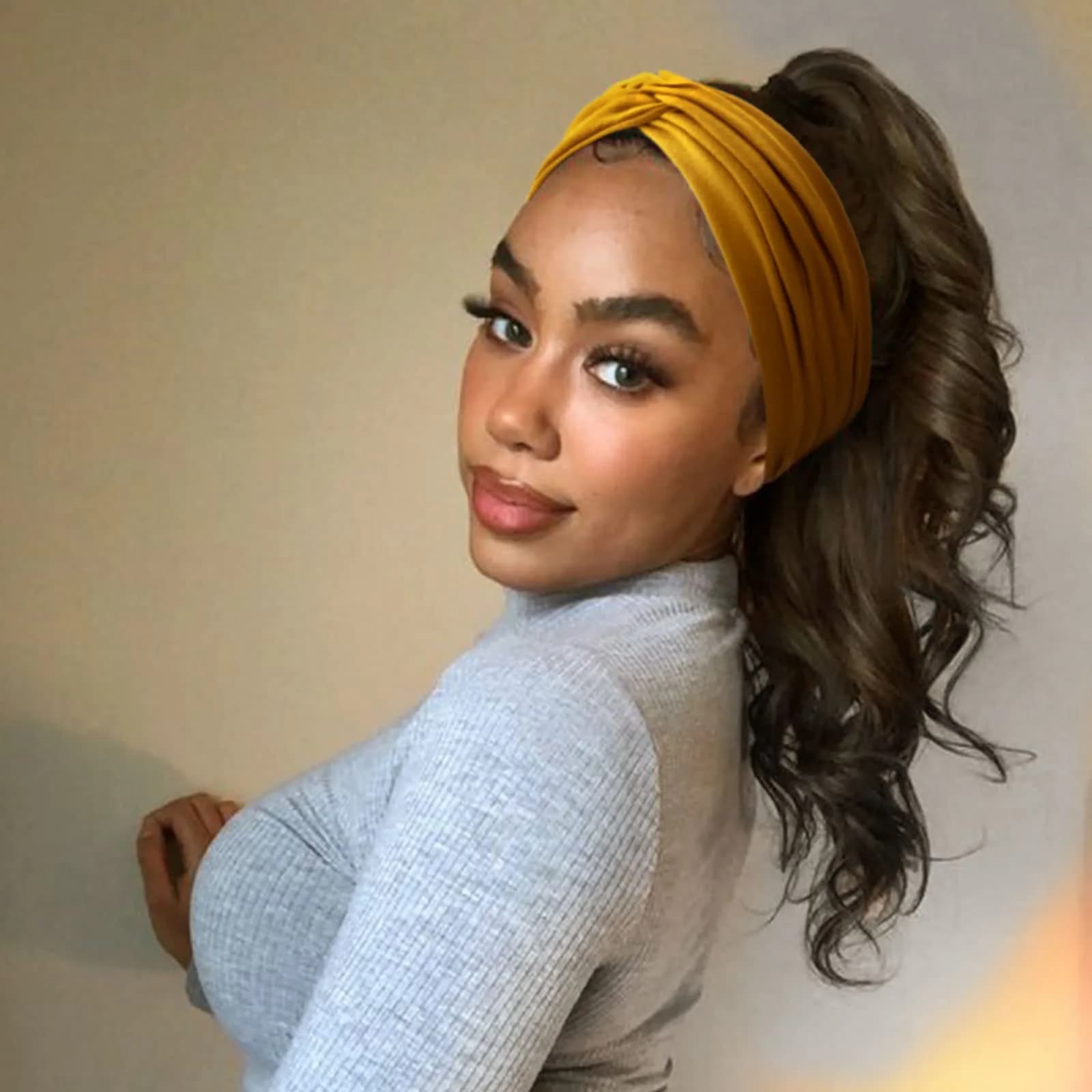 AQOKKA Extra Wide Turban Headbands for Women (4 Count, Yellow/Olive/Grey/Black) | Boho Elastic Hairband Accessories - view 6