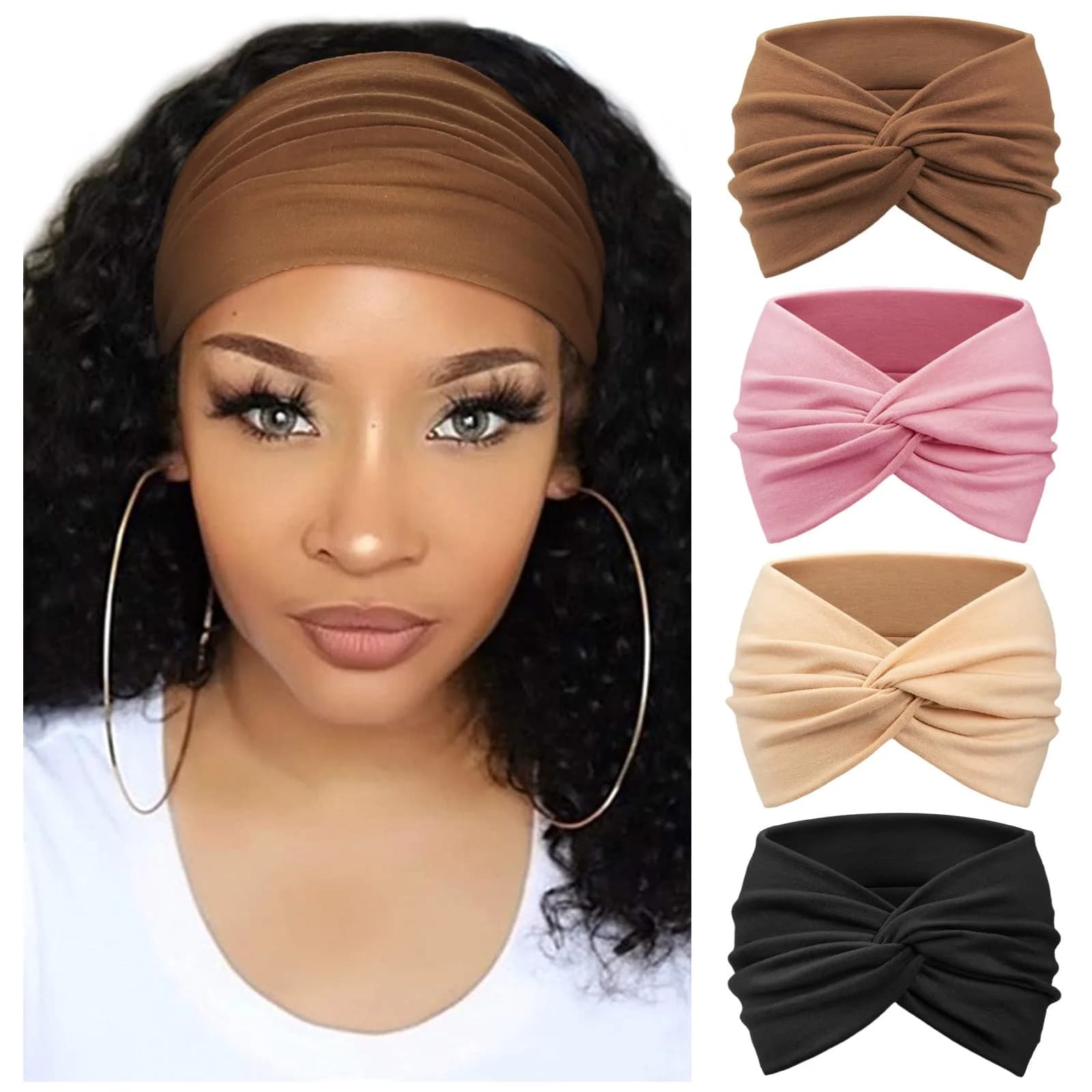 AQOKKA Extra Wide Turban Headbands for Women | 18cm Width (7.1") — Coffee, Pink, Beige, Black