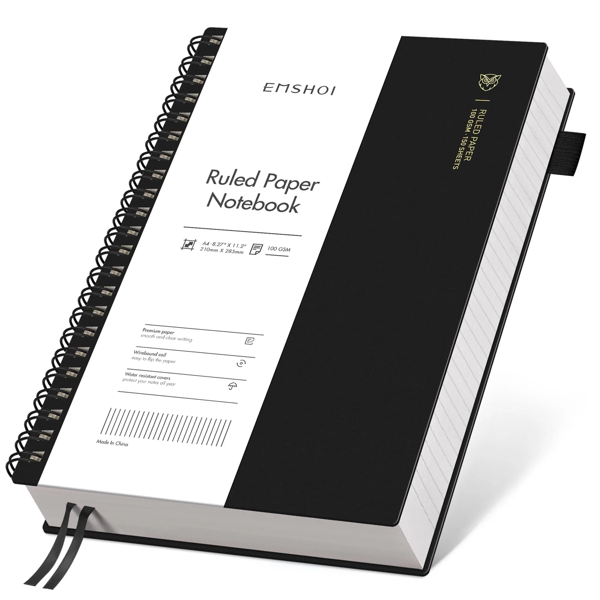 EMSHOI Lined Spiral Journal Notebook A4 Size 300 Pages (21.8cm x 28.7cm) | College Ruled Paper for Students & Professionals — Black