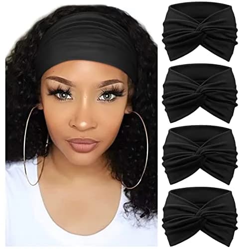 AQOKKA Extra Wide Turban Headbands for Women (4 Count, Black) | Boho Elastic Hairband Accessories thumbnail 1